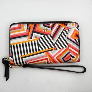 Tory Burch Kerrington Zip around Wristlet Wallet in colorful geometric patterns